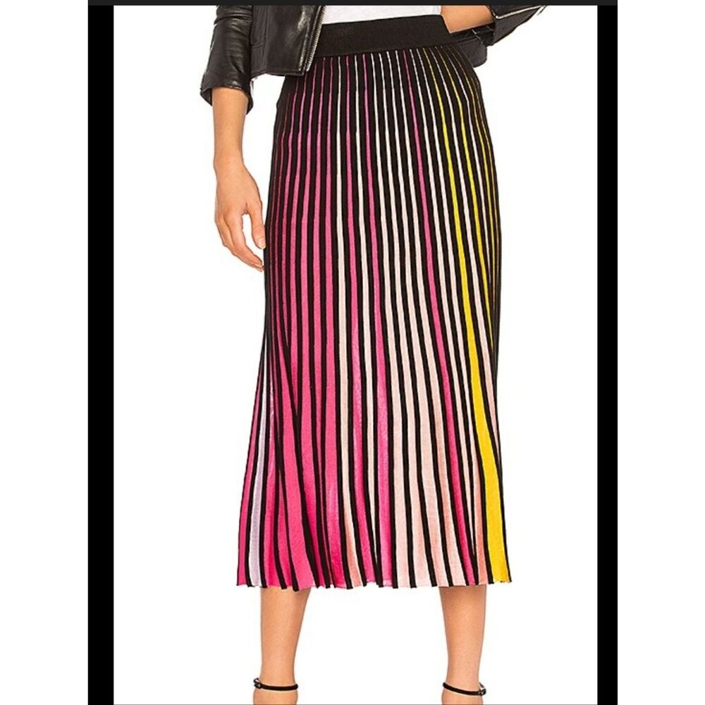 525 Pink,Red, Yellow & Navy Striped Pleated Midi Skirt